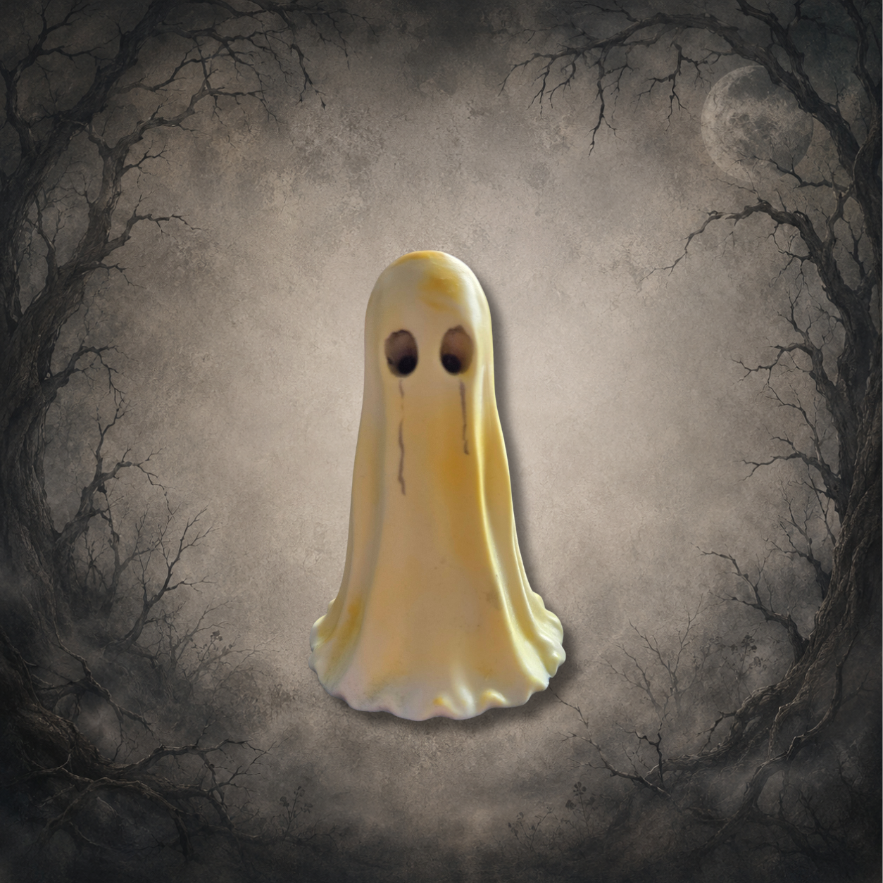 Hand-painted yellow Afterglow Spirit glow in the dark resin ghost figurine, individually cast and painted by Dead Quiet Studio.