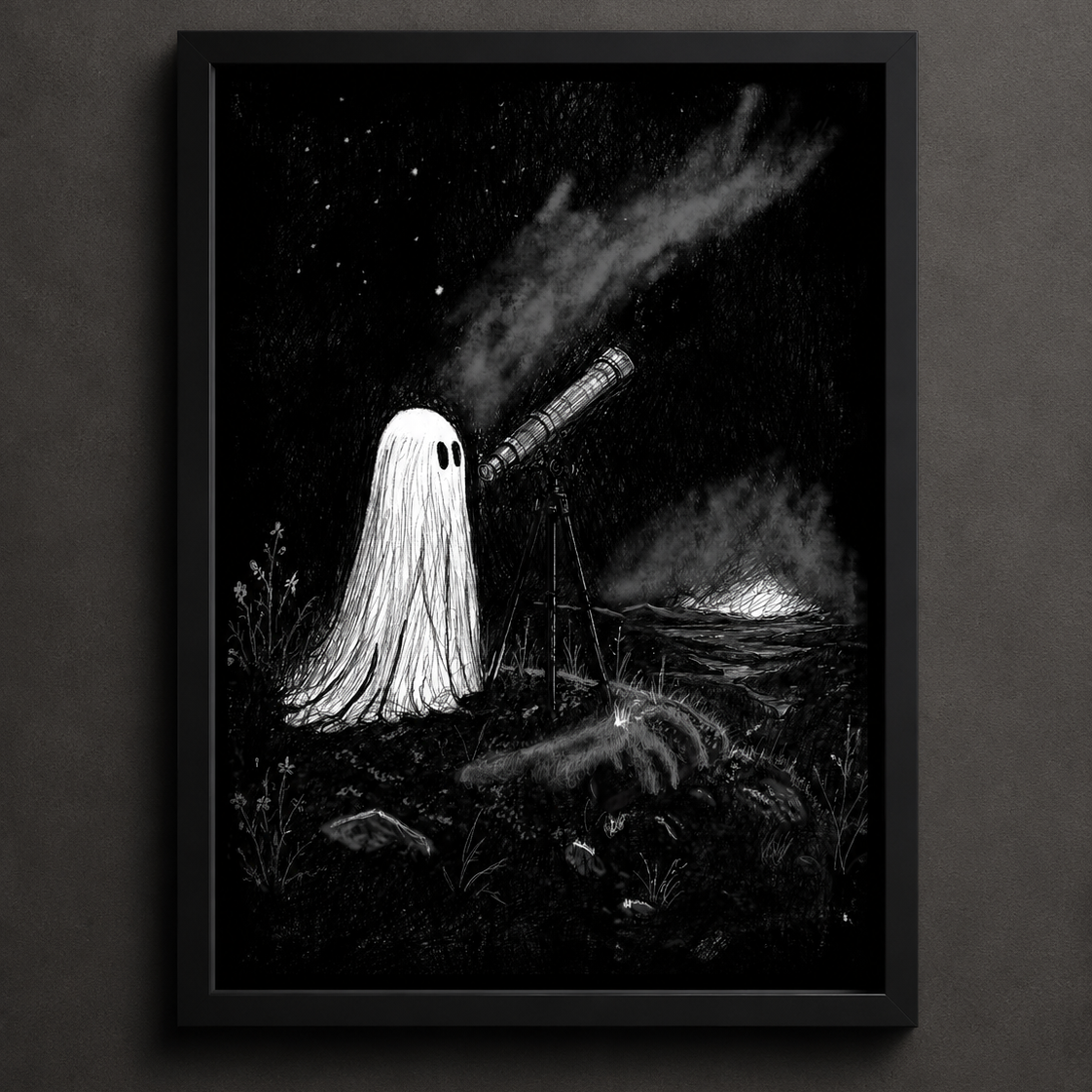 Looking Up ghost art print by Heatdeath from the Wayward Spirits Collection featuring an atmospheric ghost illustration for gothic wall décor and alternative home interiors.