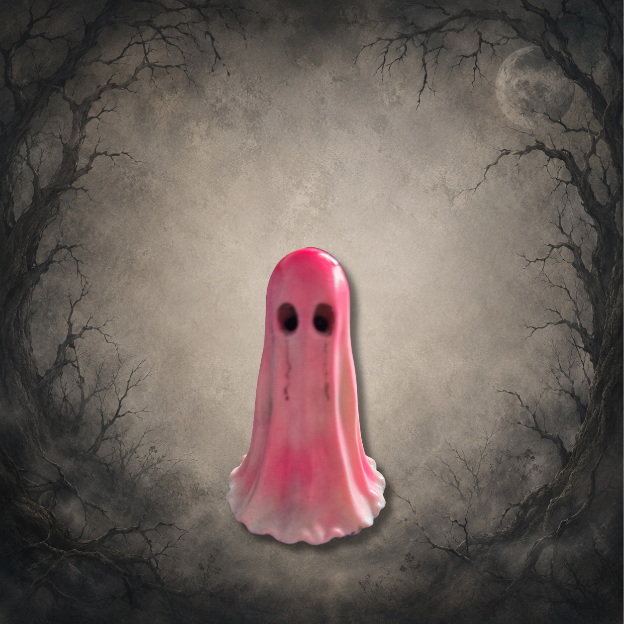 Hand-painted pink Afterglow Spirit glow in the dark resin ghost figurine for gothic home décor and ghost lovers.