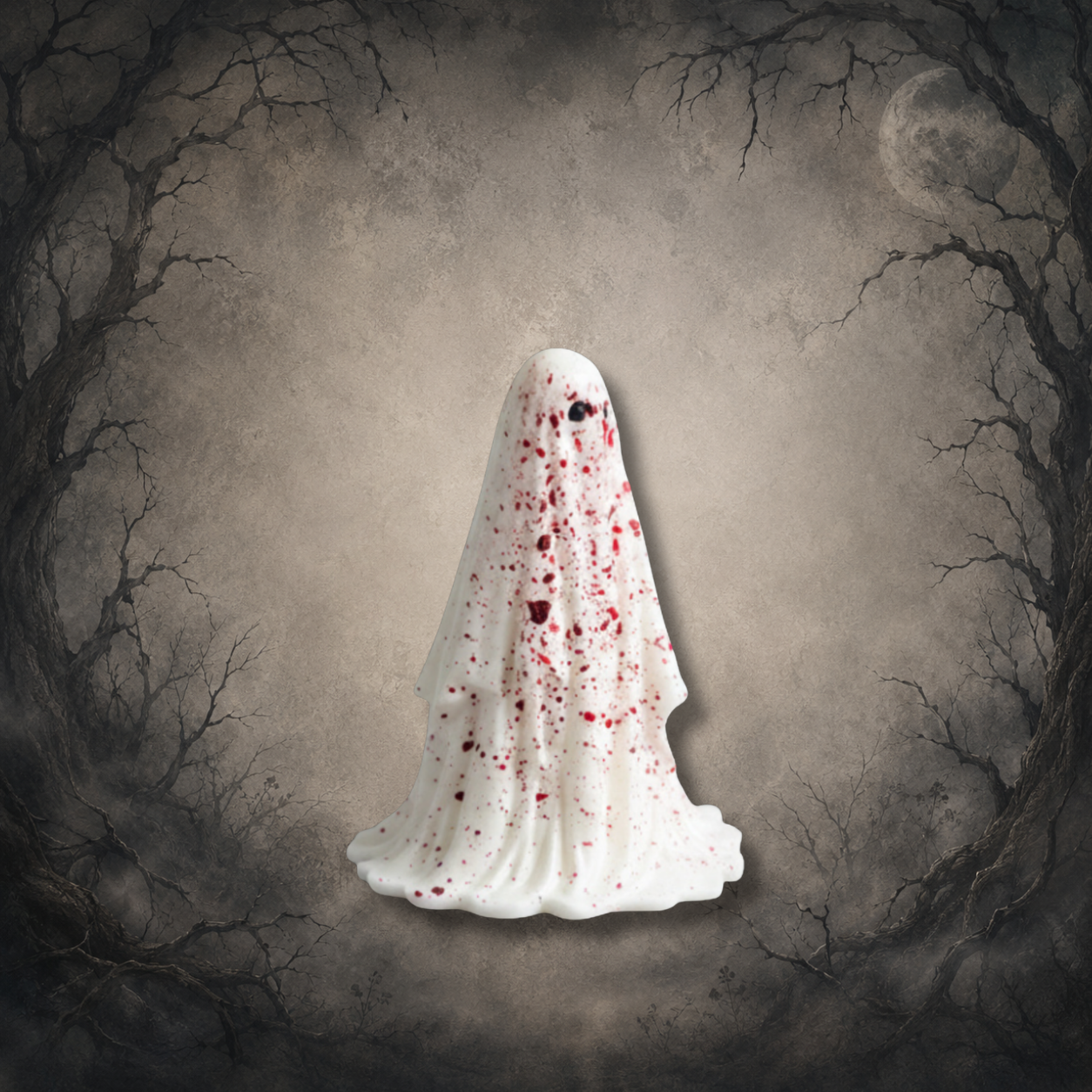 Hand-painted resin ghost figurine featuring a white shroud with realistic blood spatter and black eyes.