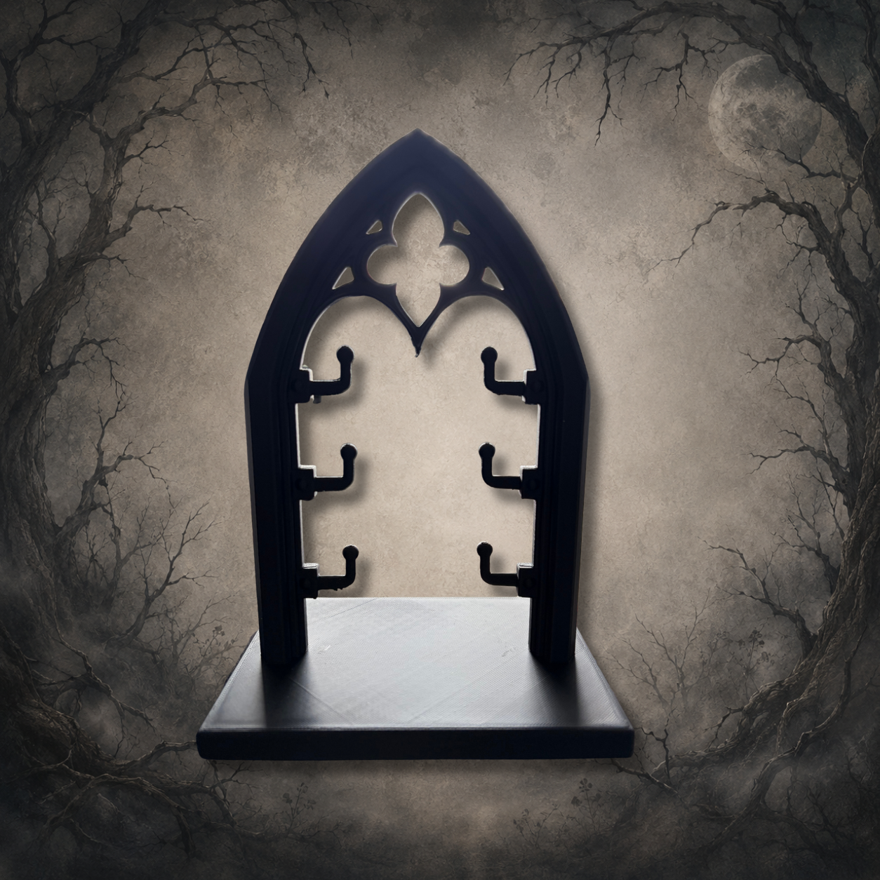 The Cathedral Arch gothic jewellery stand with six hooks for displaying necklaces, bracelets and earrings.