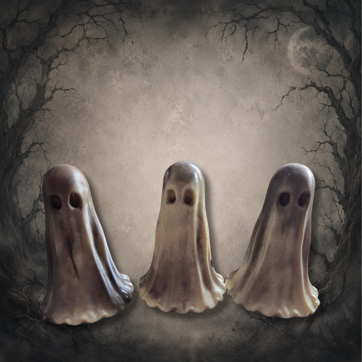 Copper ghost resin figurine displayed as gothic shelf décor with a weathered metallic finish and haunting character.