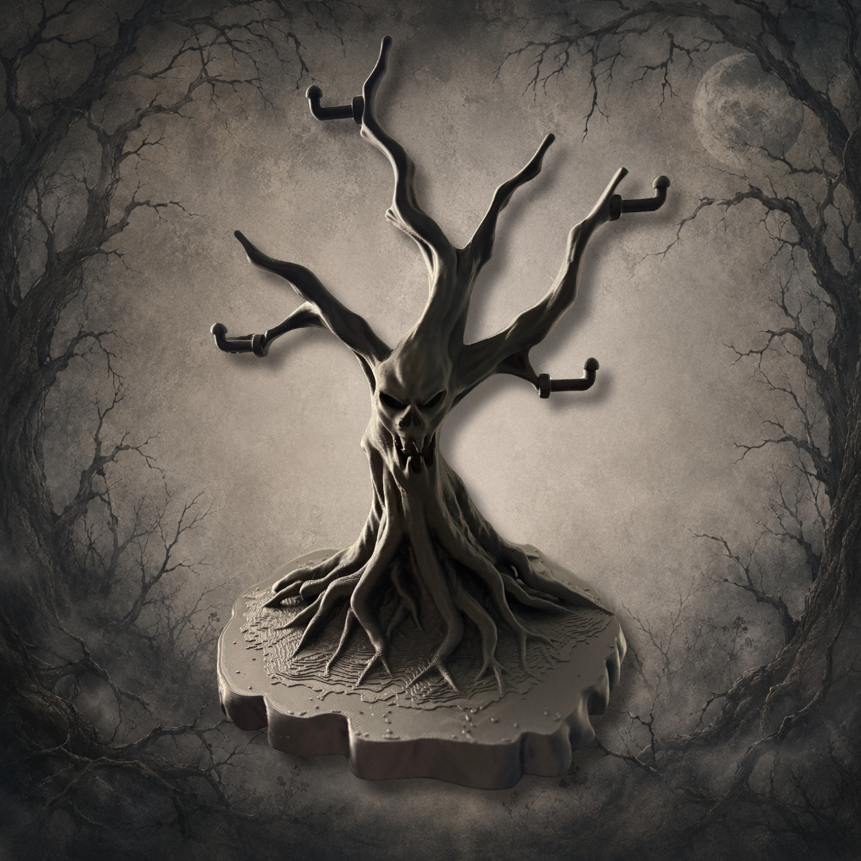 The Gallows Tree gothic jewellery stand with twisted haunted branches and an eerie tree face for displaying necklaces, bracelets and earrings.