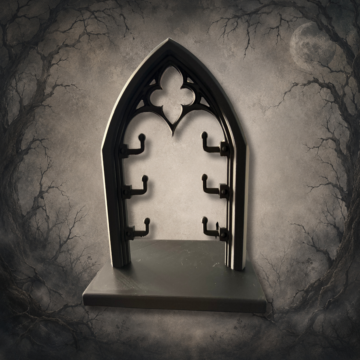 Gothic cathedral arch jewellery display stand inspired by medieval architecture, ideal for displaying earrings, necklaces and bracelets.