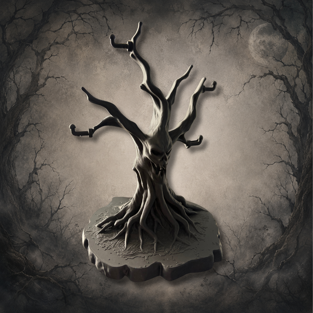 Gothic haunted tree jewellery stand displaying necklaces and earrings, featuring twisted branches, exposed roots and a detailed eerie tree face.