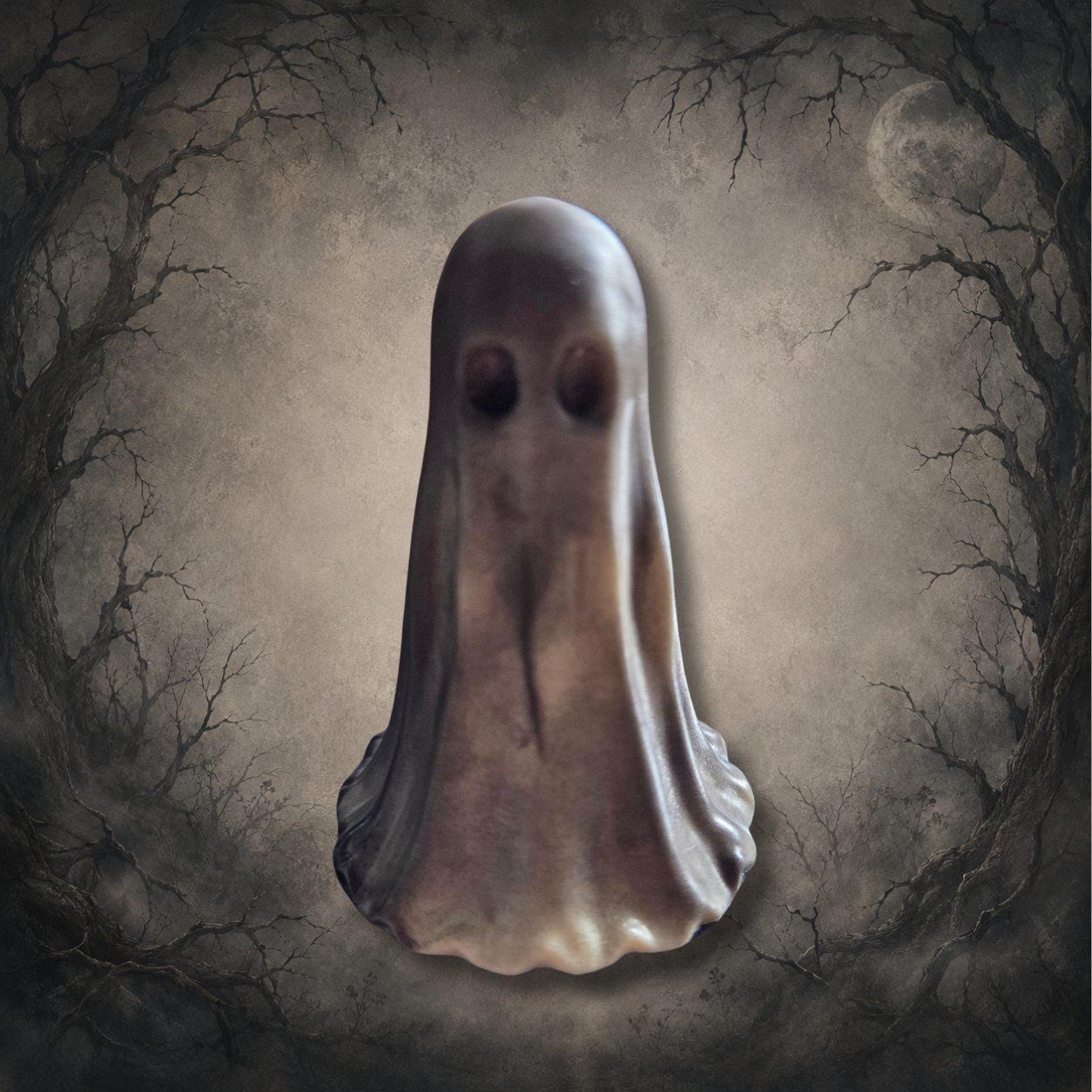 Front view of a hand-painted copper ghost resin ornament showing flowing sculpted details and antique copper finish.