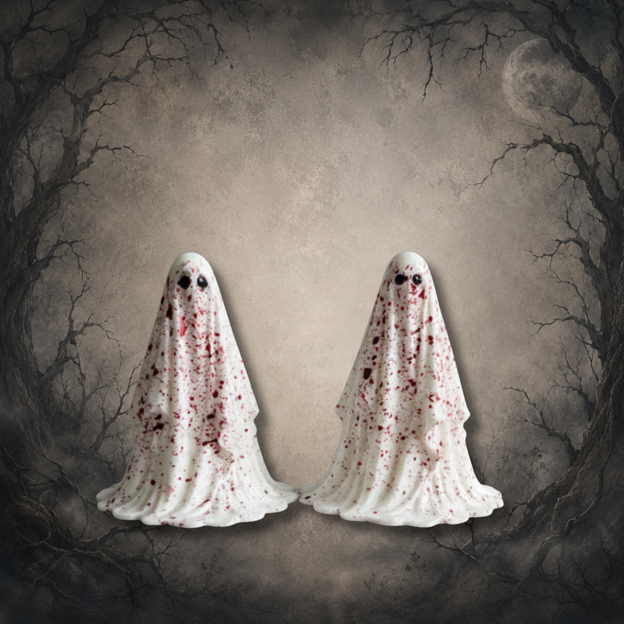 The Stained One horror-inspired resin ghost ornament with detailed blood spatter, handmade for gothic and spooky décor collections.