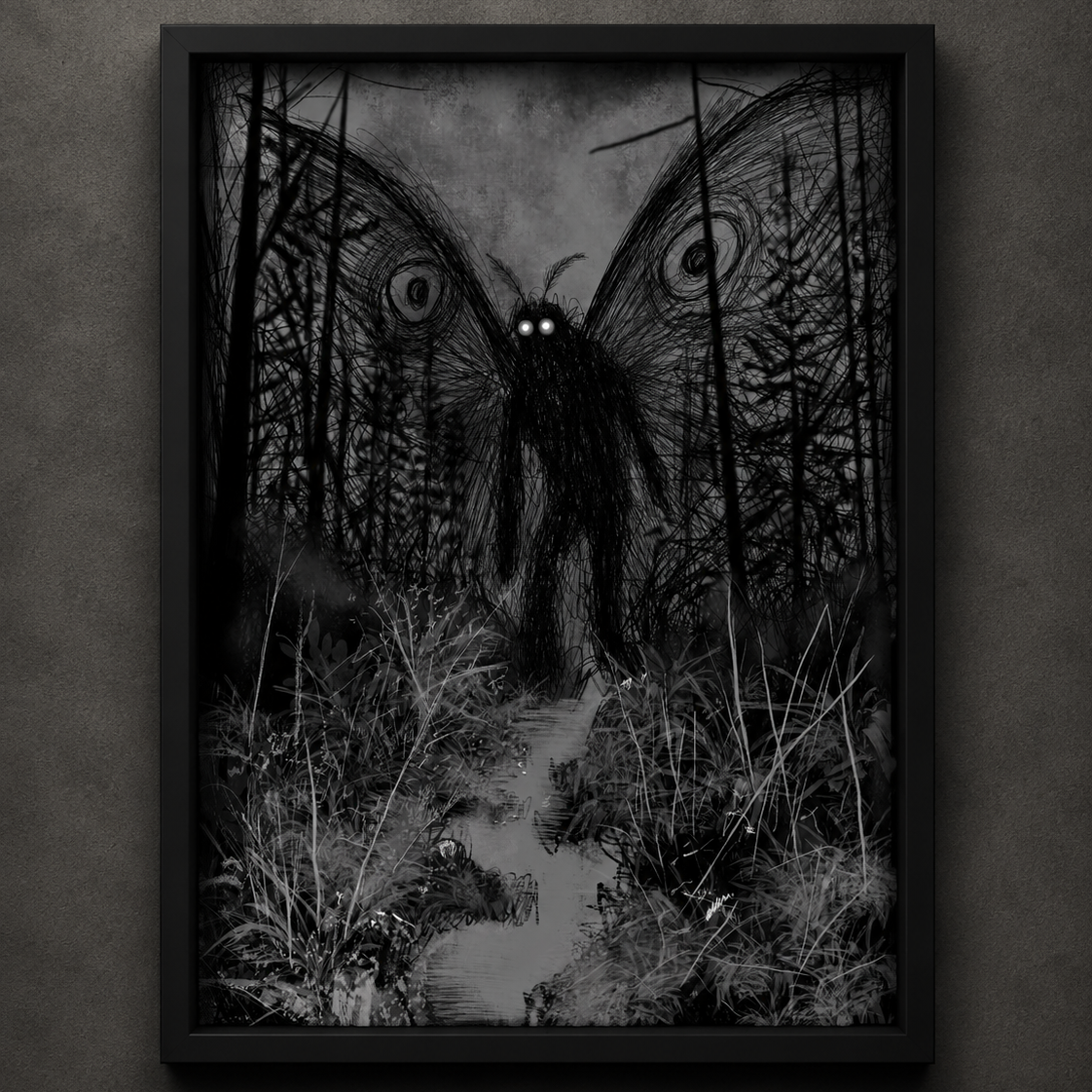 The Mothman cryptid art print by Heatdeath featuring a detailed gothic illustration inspired by paranormal folklore and legendary creatures.